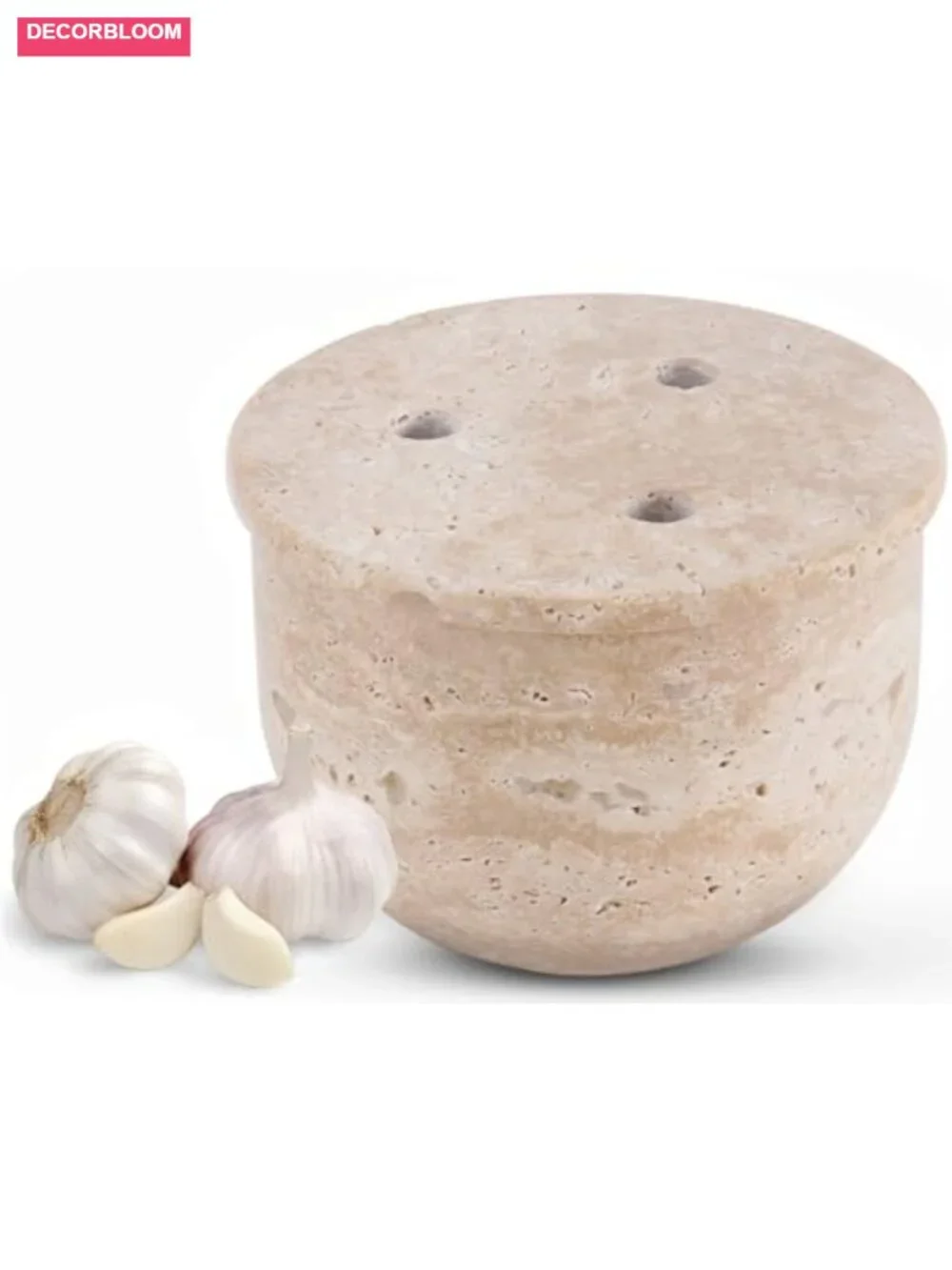 Travertine Marble Garlic Keeper with Lid 4.5 Inch Handmade Stone Container